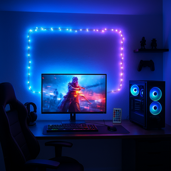 Gaming setup with monitor, keyboard, and RGB lighting in a dark room